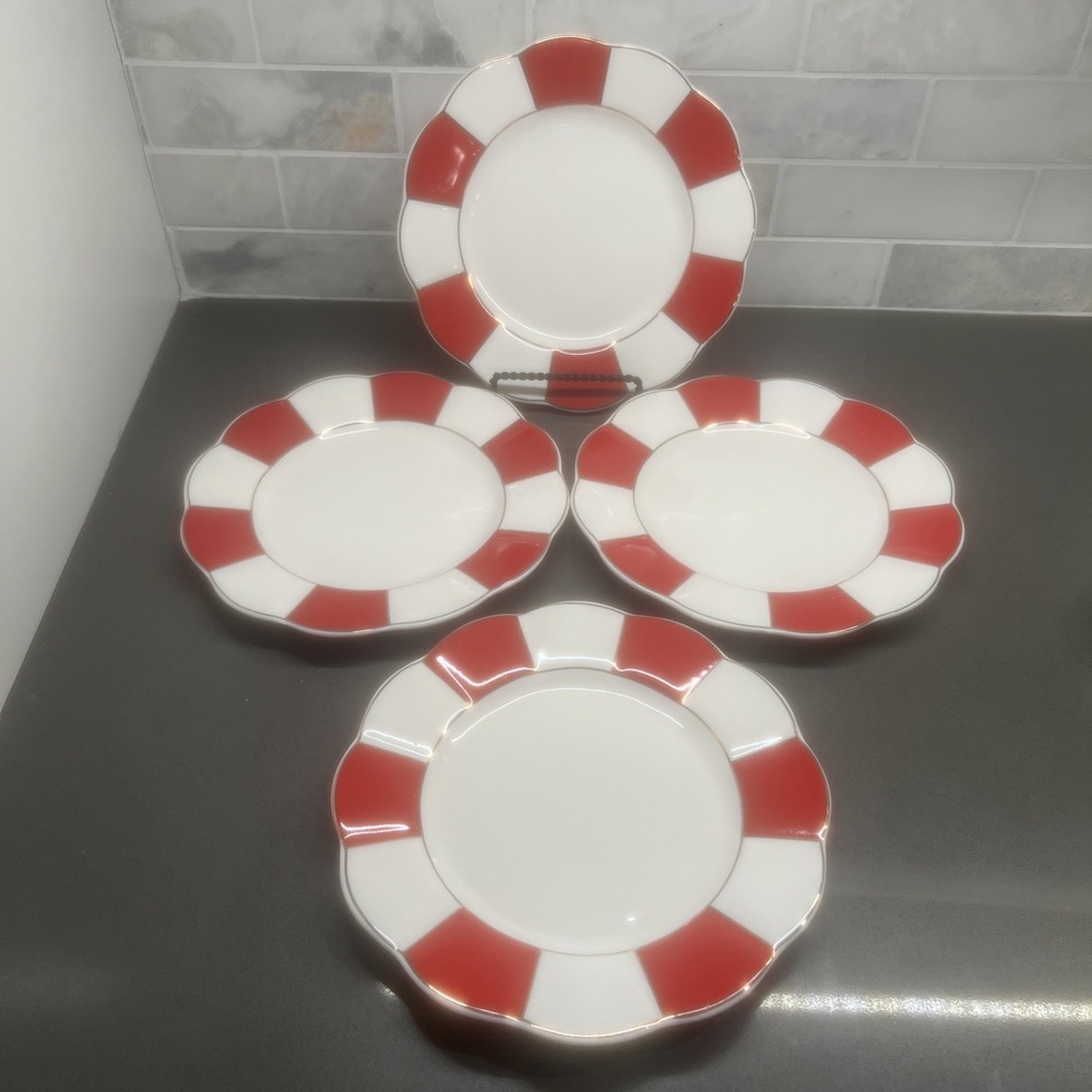Set of 4 Grace Teaware 8" Scalloped Edge Salad Plates Red, White, Gold NEW